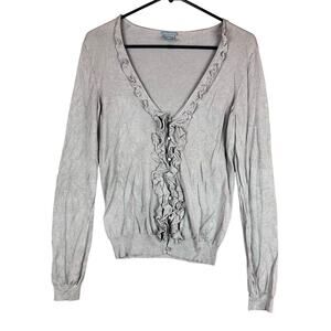 Ann Taylor Womens Sweater Brown Cardigan Ruffle Front Long Sleeve Silk Blend S